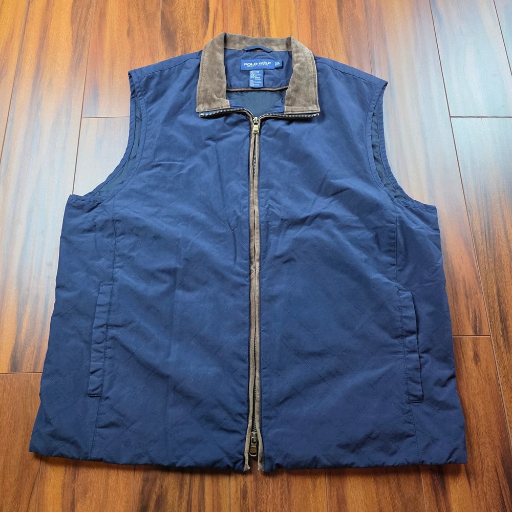 Vintage Polo Golf Ralph Lauren Navy Quilted Vest Leather Collar Mens Large